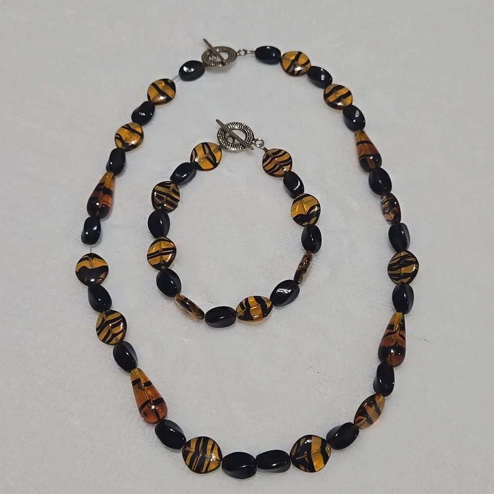 Amber And Black Beaded Necklace and Bracelet Set